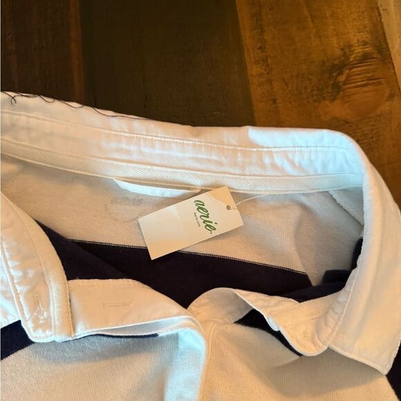 AERIE Navy and White Striped Long Sleeve Polo Shirt Size LG - Picture 6 of 6